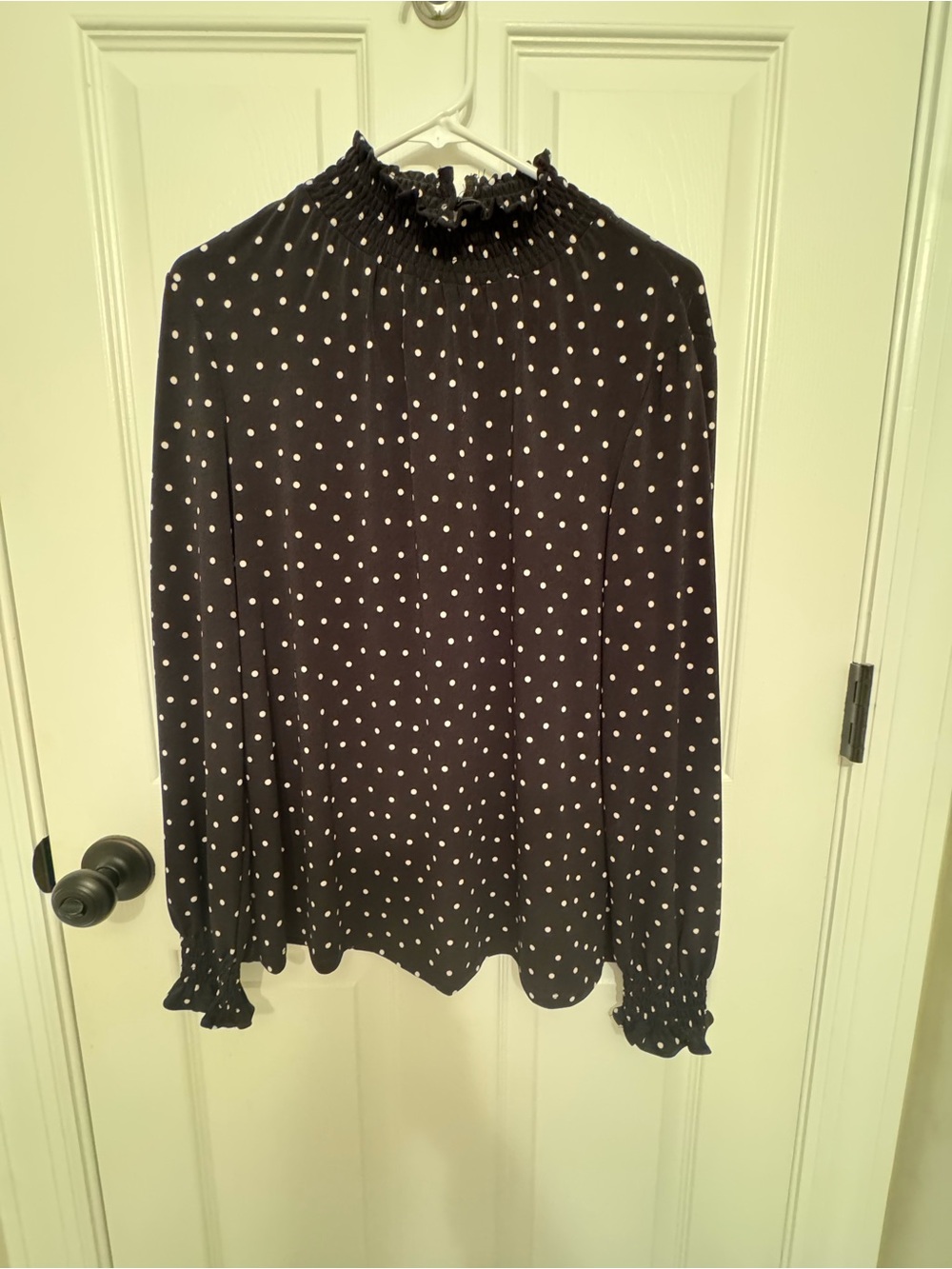 Adrianna Papell Black Polka Dot Smocked Mock Neck Blouse